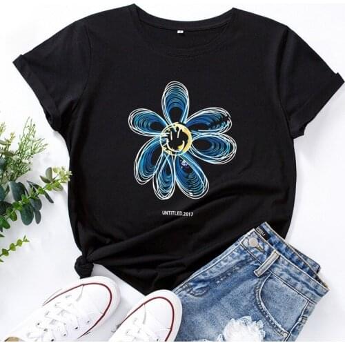 Summer Cotton Women T Shirt Cute Flower Print Short Sleeve Graphic Tees Tops Casual O-Neck Oversized T-Shirt
