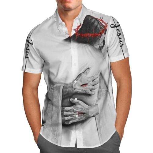 God Jesus Big Hug Print Short Sleeve Shirts For Men Loose Cardigan Button Shirt Plus Size Hawaiian Summer 2021 Ventilated Shirt