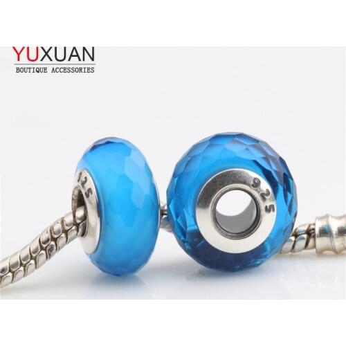 Faceted Glass Charm Beads Fits Pandor Bracelets Original 925 Sterling Silver Blue Faceted Glass Beads Jewelry H128