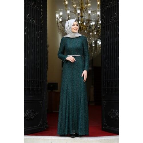 Emerald Green Lace Long Sleeve Muslim Prom Dress 2021 Sheath Islamic Dubai Kaftan Saudi Arabic Long Evening Formal Party Gowns