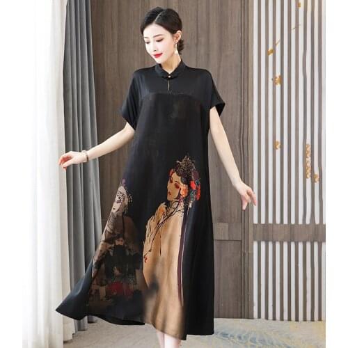 Summer 2021 Loose Women Print Chinese Style Vintage Ladies Dresses Robes Plus Size 4xl For Middle Aged Mother Clothes