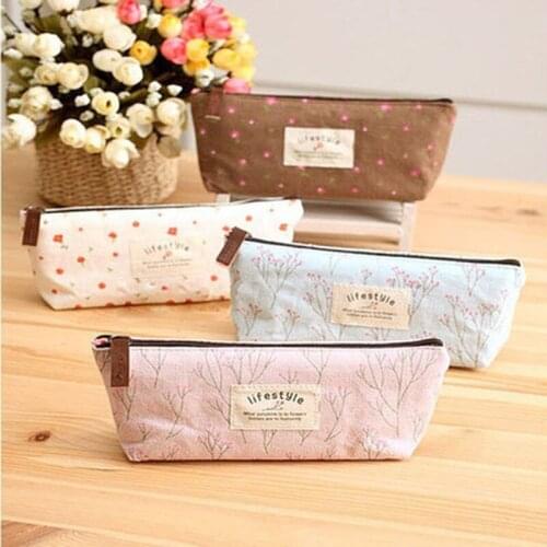 Cute Kawaii Idyllic Floral Flower Canvas Zipper Pencil Cases Lovely Fabric Flower Tree Pen Bags School Supplies Free Shipping