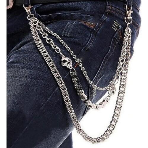 Punk Men Jeans Chain 3 Layer Waist Punk Wallet Chain Keychains Skull Biker Link Hook Trousers Pant Belt Chain Jewelry