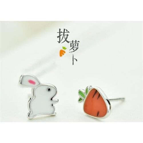 New Fashion Creative Asymmetric Cute Rabbit And Radish 925 Sterling Silver Jewelry Personality Epoxy Wild Stud Earrings SE540