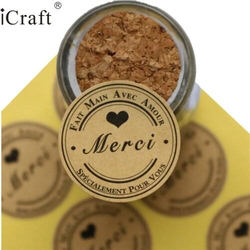 Wholesale 1200pcs French "Merci" Round Kraft Seal Sticker, "Fait main " Paper Point Sticker