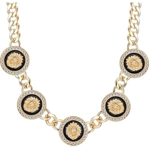 Hip Hop Basketball Wives 5 Lion Heads Choker Necklace Gold Statement Alloy Crystal Enamel Pendant Chunky Chain Costume Jewelry