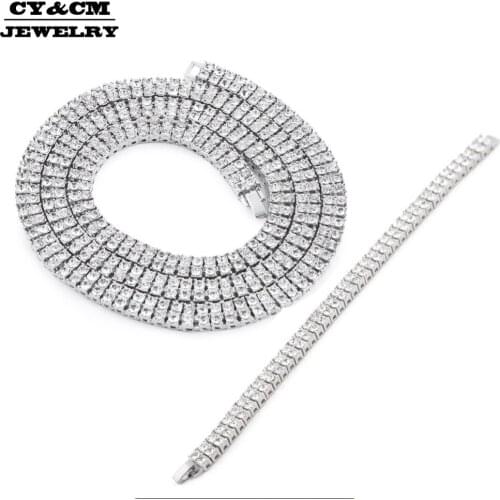 Men Women Iced Out 2 Row Bling Bling Rhinestones Gold Silver Color Black 30" Long Necklace Hip Hop Chain 8" Bracelet Jewelry Set