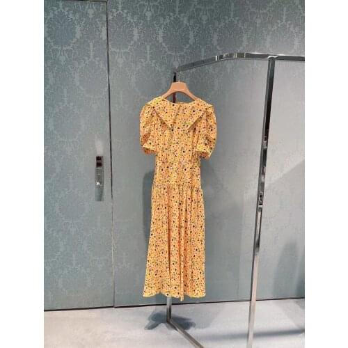 Dress Silk Yellow Floral 2021 Spring and Summer New Puff Sleeves Sicily Luxury High Quality