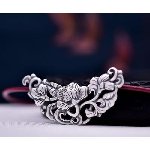 990 Pure Silver Lotus Pendant Womens Vintage Silver Jewelry Ethnic Fashion Personality Handmade Pure Silver Old Silver Necklace