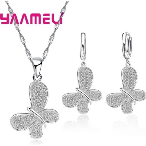 Fashionable Cute Butterfly Pendant Necklace And Earring For Women 925 Sterling Silver Jewelry Set For Wedding Super Gift