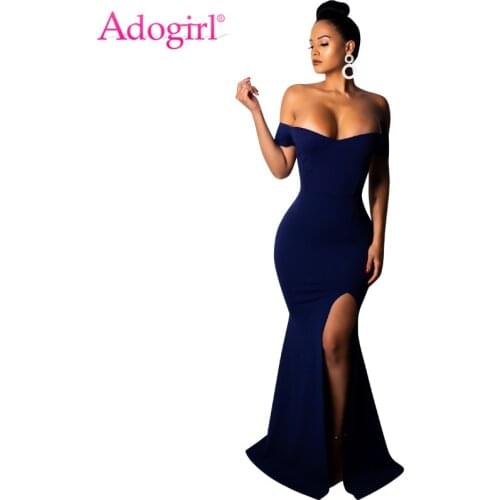 Adogirl Women Off Shoulder High Slit Maxi Evening Party Dress Elegant Sexy Slash Neck Short Sleeve Bodycon Robe Long Dresses