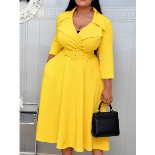 Women Elegant Dress with Waist Belt Notched Long Sleeves Pleated Modest Office Ladies Work Wear Fashion African Female Vestidos
