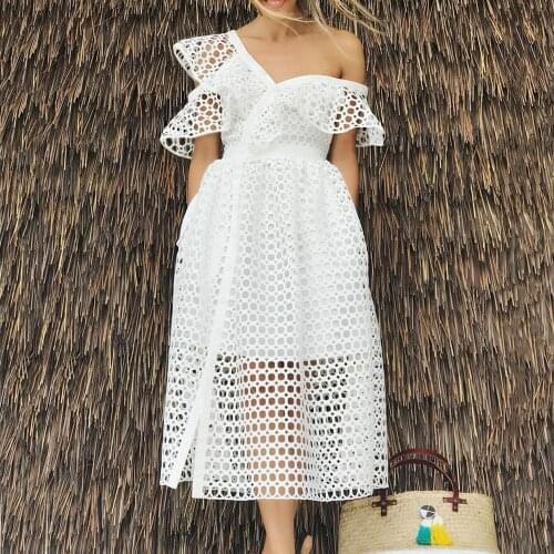 Elegant Ladies Summer White Dress Hollow Out Bare Shoulder Ruffled Midi Dresses Slim Fit Plus Size 4XL Women Clothing