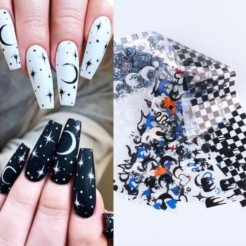 10pcs Moon Star Checkerboard Grid Nail Foils Black Flame Abstract Face Transfer Stickers Decals Gel Polish Accessories LEFB2122