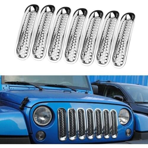 7pcs ABS Silver Front Mesh Grill Grille Insert Kit Trim Cover Shell fit For Wrangler Rubicon Sahara Jk 2007-2015 Car Styling