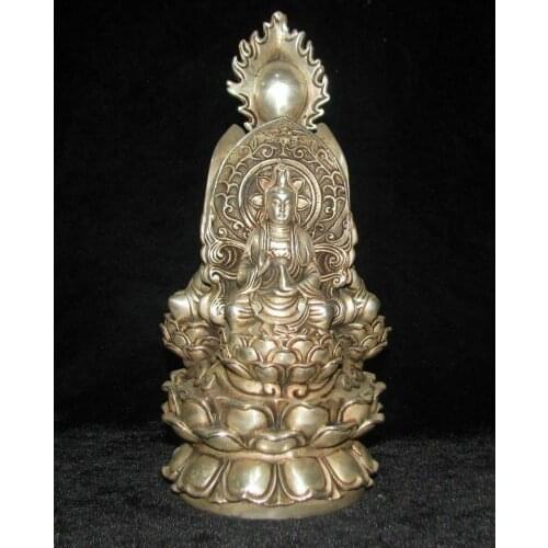 9.8 " Antique china Tibet silver GUANYIN RULAI Buddha Shakya Mani lotus statue