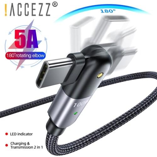 !ACCEZZ 1.2m PD Cable Elbow Rotate USB C to USB C 60W/100W Fast Charging For MacBook Pro Samsung S20 Type C Data USB Charge Cord