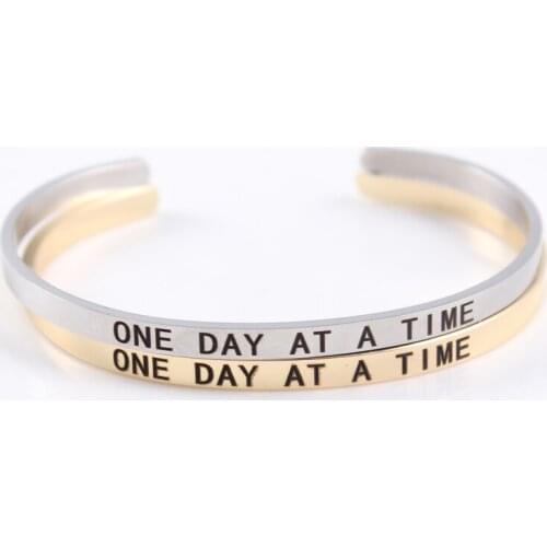 ONE DAY AT A TIME Mantra Cuff Bracelet Stainless Steel Adjustable Trendy Bangle for Lover Family Secret Message Couple Jewelry