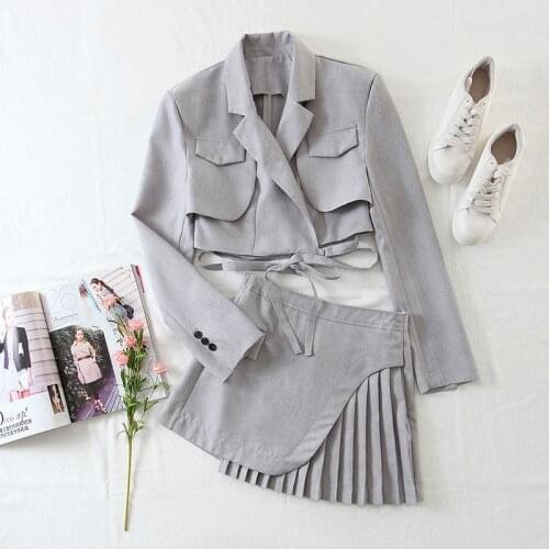 Women Za Fashion 2021 Solid Buttonless Blazer Vest Simple Style Wide Pleated Mini Skirt Sports Three-Piece Suit Mujer Outwear