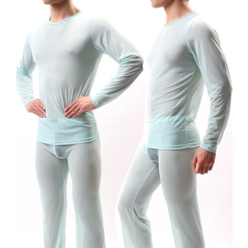 New Fashion Mens Sexy Transparent Gauze Undershirt Utra-thin O-neck See Through Mesh Long Sleeve Fitness T Shirt Men Tees