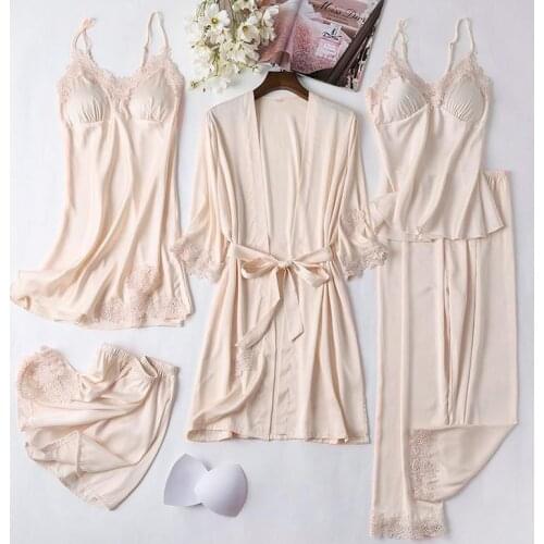 Sexy Female Robe Set 5PCS Satin Rayon Bathrobe Women Kimono Bath Gown Casual Sleepwear Nightwear Bridesmaid Robes Suit Homewear