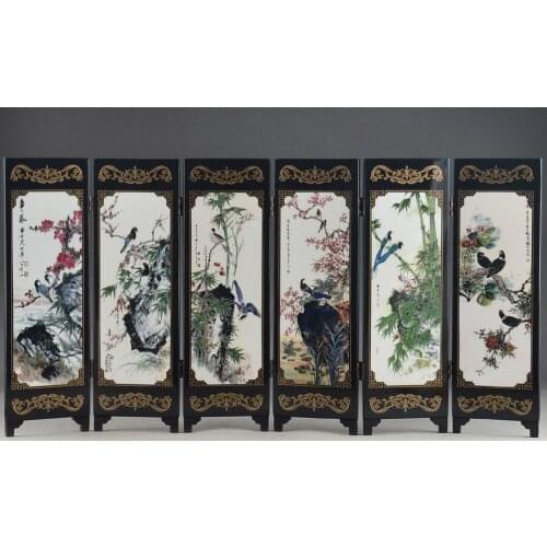 Chinese woodcarving screen, lacquer face auspicious bird calligraphy and painting, decorative crafts