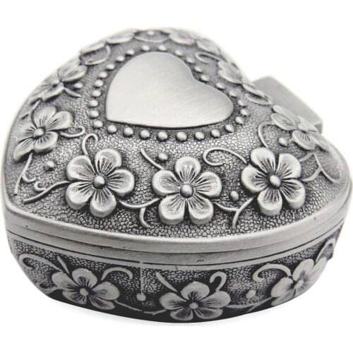 Classic Vintage Antique Heart Shape Jewelry Box Ring Small Trinket Storage Organizer Chest Christmas Gift,Silver