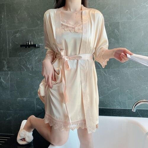 Korean Version Lace Silk Five Piece Set of Womens Sexy Pajamas with Sling, Nightdress, Nightgown Household Clothes Sleepwear