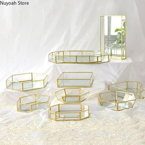 Metal Glass Tray Mirror Gold Display Tray Rectangular Dressing Table Desktop Cosmetic Storage Rack Nordic Home Decoration Modern
