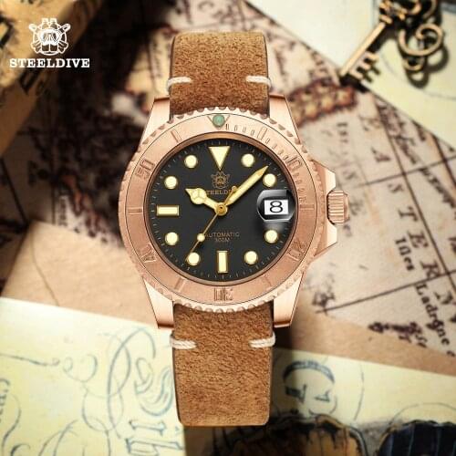 STEELDIVE 1953S Germany CuSn8 Bronze NH35 Mechanical Mens Watches Silicone NATO Nylon Bronze Watch Automatic Watch Dive 200m