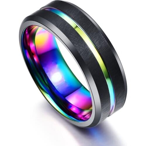 8mm Mens Black Brushed Tungsten Carbide Ring Rainbow Groove Beveled Edge Wedding Engagement Anniversary Ring Jewelry For Men
