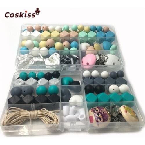 Two Boxes Baby Teether Toys Silicone Teething Pacifier Clip Kit Geometric Hexagon Silicone Teething Beads DIY Nursing Necklack