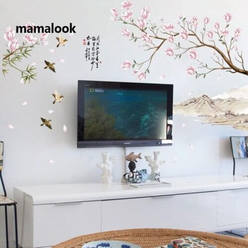New Chinese Style Peach Flowers Wall Sticker Vinyl Art Painting Birds Characters Living Room Bedroom Decoration Poster Decals