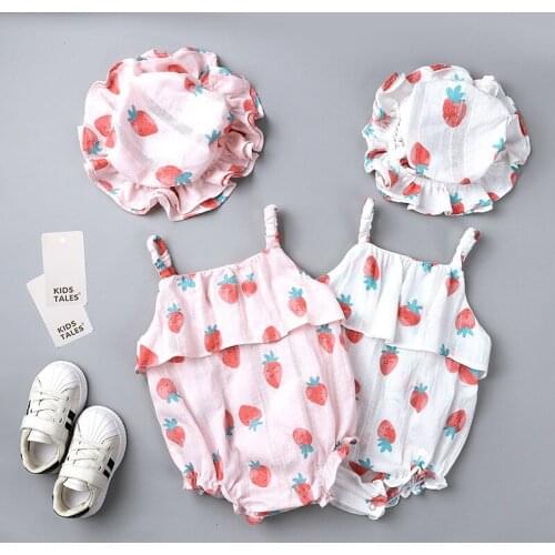 Summer New Baby Girl Strawberry Suspenders Baby Cotton Jumpsuits with Hats Romper Baby Girl Kids Summer Clothes