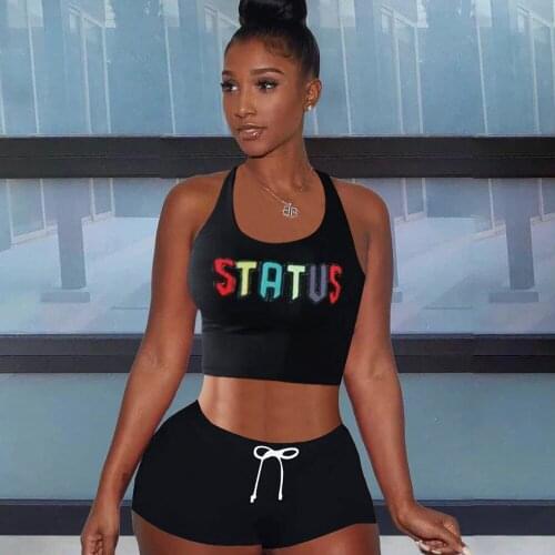 Athleisure Outfits Sport Suit for Women Backless Hollow Letter Print Tank Top and Drawstring Biker Short Casual Skinny Outfits