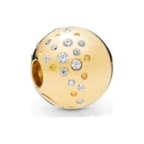 Genuine 925 Sterling Silver Charm Gold Shine Scattered Sparkle Clip Lock Stopper Beads Fit Pan Bracelet Diy Jewelry