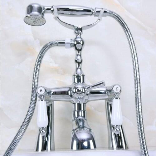 Polished Chrome Bathroom Shower Taps Deck Mounted Clawfoot Bath Tub Faucet Dual Handle Mixer Tap with Handheld Shower Wna111