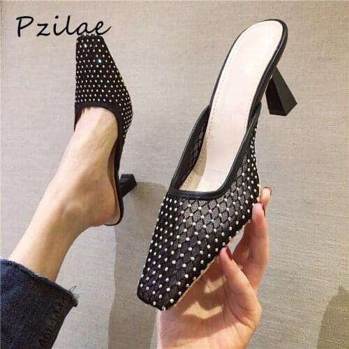 Pzilae 2020 new spring summer women mules sexy rhinestone mesh sandals slippers women square toe high heel party dress shoes