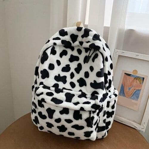 Casual Plush Backpack School Shoulder Bag Women Animal Cow Pattern Travel Rucksack Lady Student Capacity Backpack