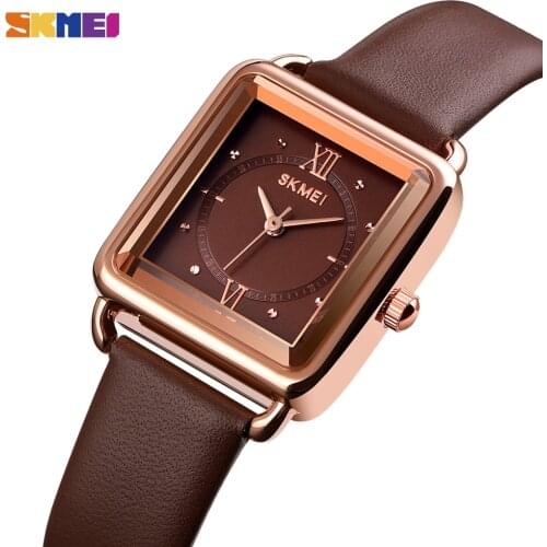 SKMEI 3D Glass Quartz Ladies Watches Fashion rectangl Dial Women Quartz Wristwatches Genuine Leather Girl Watch reloj mujer 1702