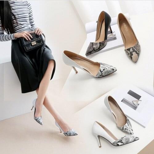 Spring color matching shallow mouth pointed snakeskin stiletto high heel work shoes large size small size womens single shoes