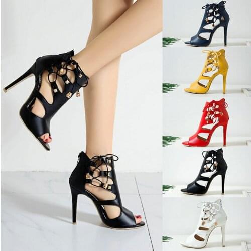 2021 Summer Women High Heel Shoes PU Leather Open Toe Thin High Heel Women Sandals Dress Cross Tied Womens Shoes Plus Size 43