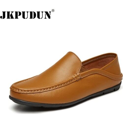 JKPUDUN Men Shoes Casual Luxury Brand 2018 Breathable Italian Loafers Men Soft Leather Mens Boat Shoes Slip On Black Moccasins