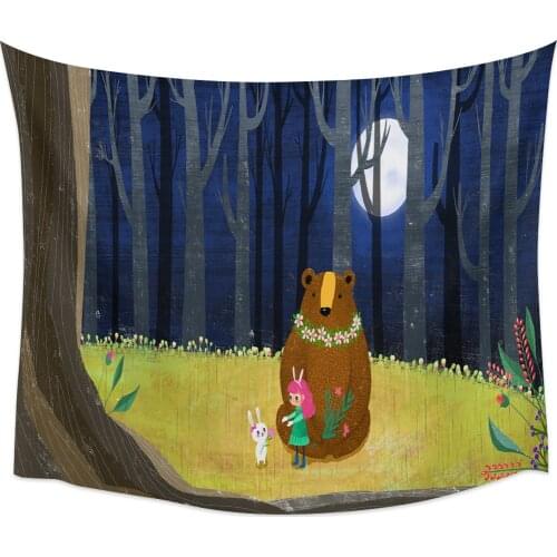Animal Girl Moon Bear Forest Tapestry Wall Hanging Home Wall Decor Bedroom Tapestry Yoga Mat Picnic Mat