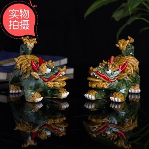 2PC/SET CERAMIC DOLL HOME LIVING ROOM DECORATION COMPANY OPENING GIFT TOWN HOUSE SINFUL EVIL LUCKY COPPER COINS KIRIN ORNAMENTS