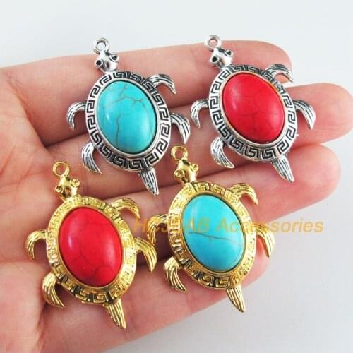 5Pcs Retro Tibetan Silver Gold Tone Animal Tortoise Blue&Red Stone Charms Pendants 27.5x41.5mm