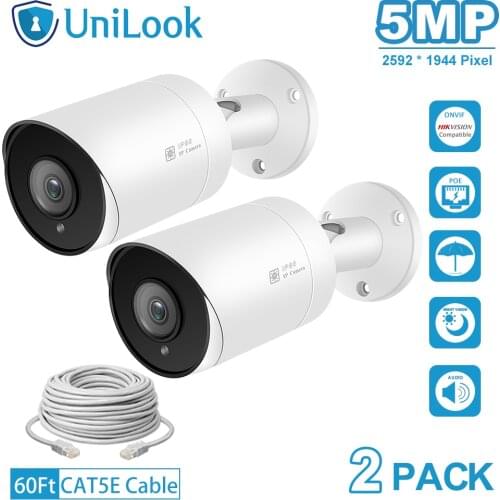 UnilLook 5MP Bullet IP Camera 2PCS Onvif POE Built-in Microphone SD Card Slot IR 30m Security Camera Outdoor IP 66 H.265 ONVIF