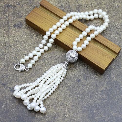GuaiGuai Jewelry 23'' Natural 10mm White Pearl CZ Paved Pearl Pendant Long Pendant Necklace