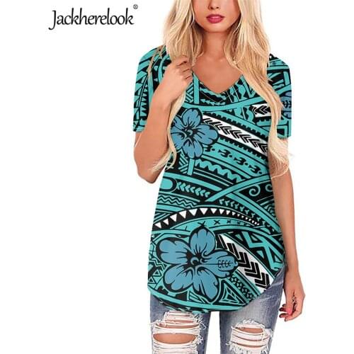 Jackherelook Women Blouses V-Neck Shirts Samoan Polynesian Hibiscus Brand Desig Short Sleeve Loose Tops Woman Clothing Mujer