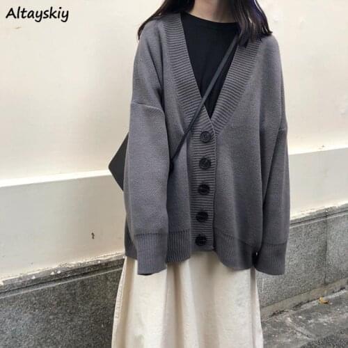 Cardigan Women Autumn Solid V-neck Single Breasted Simple Sweaters Female Loose Knitting Korean Preppy Style Oversize Tender Ins